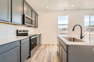 Kitchen with appliances with stainless steel finishes, light wood-style floors, visible vents, decorative backsplash, and a sink