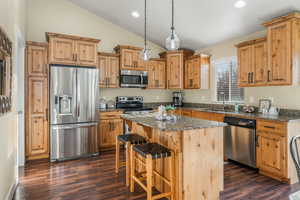 Kitchen featuring vaulted ceiling, a center island, appliances with stainless steel finishes, a sink, and dark wood-style floors