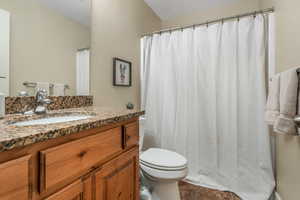Bathroom with toilet, vanity, and a shower with curtain