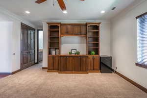 Unfurnished office featuring a ceiling fan, light colored carpet, and a healthy amount of sunlight
