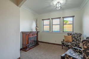 Sitting room with crown molding, baseboards, a glass covered fireplace, and carpet floors
