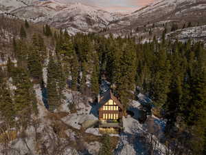 Aerial view at dusk with a wooded view and a mountain view