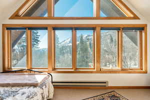 Interior space featuring a baseboard radiator and vaulted ceiling