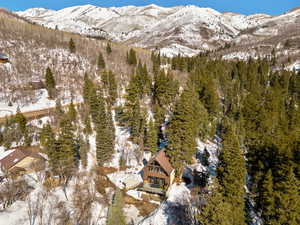 Snowy aerial view with a mountain view