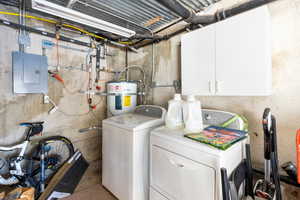 Washroom with independent washer and dryer, electric panel, cabinet space, and water heater