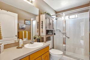Full bath with a shower stall, vanity, and toilet
