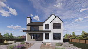 Modern inspired farmhouse featuring fence and a chimney