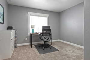 Carpeted home office with baseboards