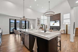 Kitchen featuring an inviting chandelier, a sink, light countertops, stainless steel dishwasher, and a glass covered fireplace