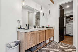 Full bath with a sink, a walk in closet, and double vanity