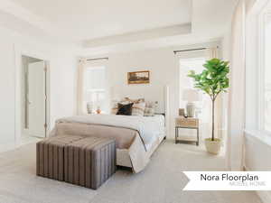 Carpeted bedroom with baseboards and a raised ceiling
