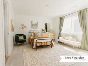 Carpeted bedroom featuring visible vents and baseboards