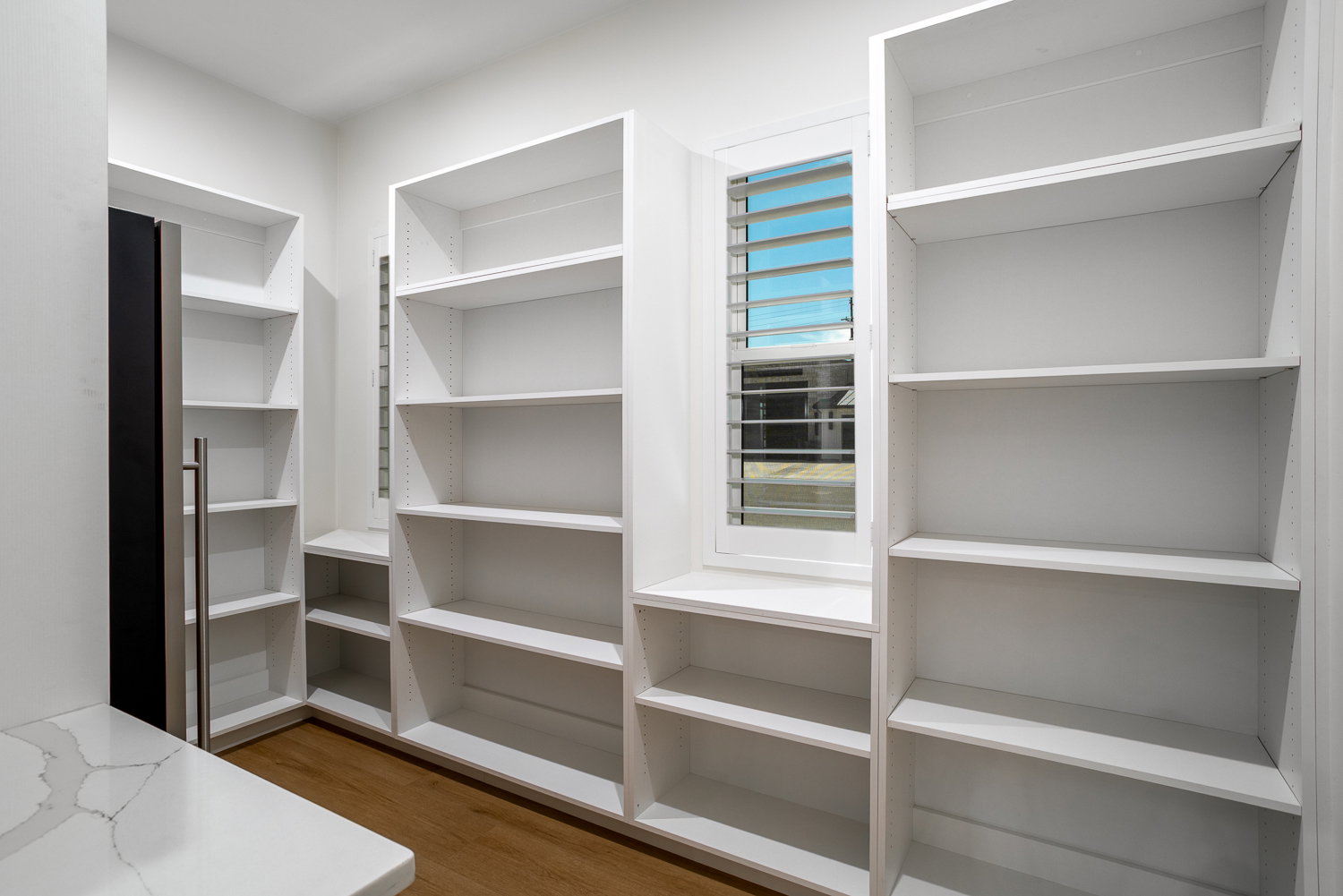 Walk in closet with wood finished floors