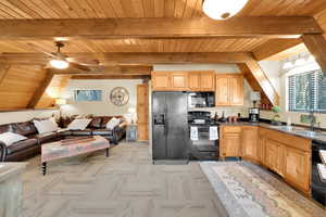 Kitchen featuring wooden ceiling, a sink, and black appliances