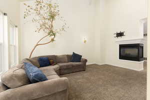 Living room with a high ceiling, baseboards, a glass covered fireplace, and carpet