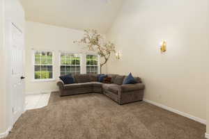 Carpeted living room with tile patterned floors, high vaulted ceiling, a wealth of natural light, and baseboards