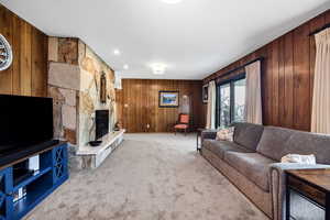 Carpeted living room featuring wooden walls