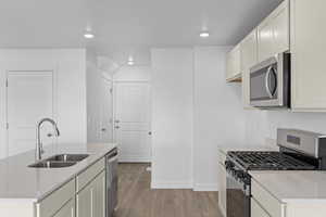 Kitchen with a sink, appliances with stainless steel finishes, recessed lighting, light wood finished floors, and a center island with sink