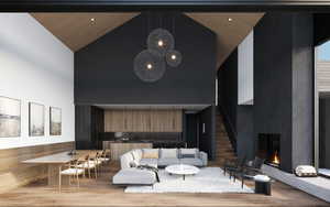 Living room featuring a fireplace, stairway, high vaulted ceiling, wood ceiling, and wood finished floors