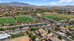 Aerial view of residential area with a mountain backdrop