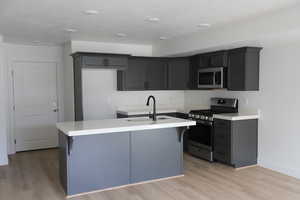 Kitchen featuring light wood-style floors, a center island with sink, a sink, and appliances with stainless steel finishes