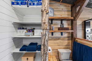 Interior space featuring wood walls and toilet