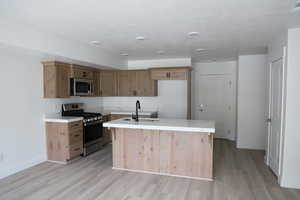 Kitchen with light wood-type flooring, baseboards, a sink, and appliances with stainless steel finishes