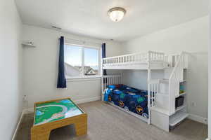 Carpeted bedroom with visible vents, baseboards, and a textured ceiling