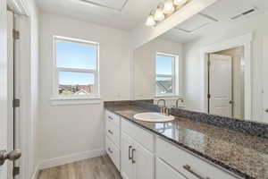Bathroom featuring wood finished floors, vanity, baseboards, and visible vents