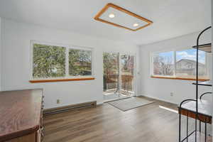 Interior space with a baseboard radiator and a wealth of natural light