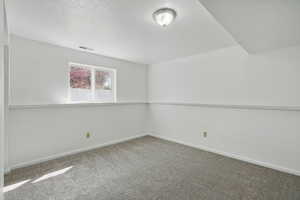 Carpeted empty room featuring visible vents and baseboards