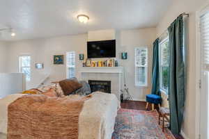 Living area featuring baseboards, wood finished floors, and a fireplace