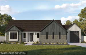 Modern inspired farmhouse with board and batten siding, a front lawn, an attached garage, and concrete driveway