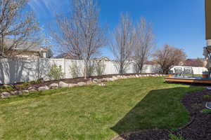 View of yard with a fenced backyard and a deck