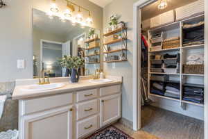 Full bathroom featuring a sink, a spacious closet, and double vanity