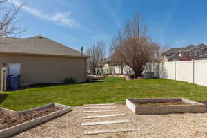 View of yard featuring a garden and a fenced backyard