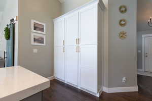 Interior space with baseboards and dark wood-style floors