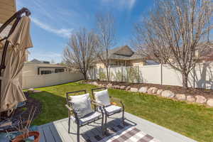 Wooden terrace with a fenced backyard and a lawn