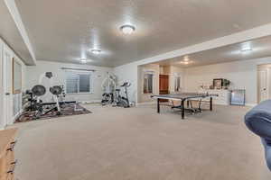 Rec room featuring baseboards, light colored carpet, and a textured ceiling