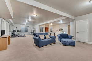 Living room with a textured ceiling, light colored carpet, and baseboards