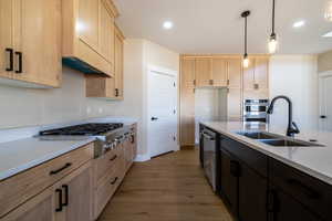 Kitchen featuring stainless steel appliances, light brown cabinets, a sink, and wood finished floors
