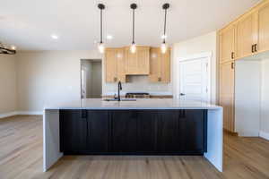 Kitchen featuring a sink, light countertops, light wood-style flooring, and light brown cabinetry