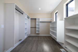 Spacious closet with dark carpet and visible vents