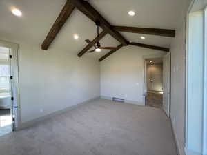 Empty room with carpet flooring, recessed lighting, a ceiling fan, and baseboards