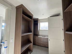 Walk in closet featuring light carpet