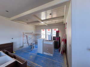 Dining area with natural light and custom shiplap ceiling