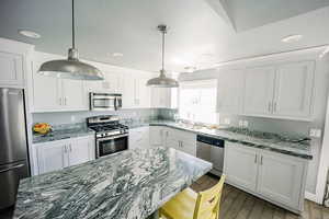 Kitchen featuring a sink, white cabinetry, appliances with stainless steel finishes, dark wood-style floors, and recessed lighting
