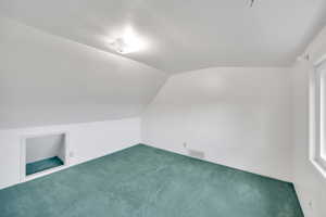 Bonus room featuring visible vents, vaulted ceiling, and carpet floors