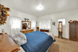 Bedroom with light colored carpet