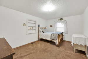 Bedroom with a textured ceiling, carpet flooring, baseboards, and visible vents